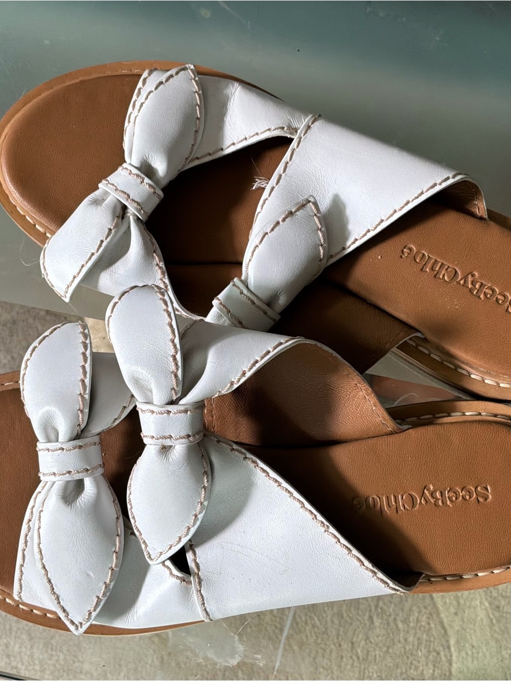 See by Chloé White Bow Leather Slide Sandals